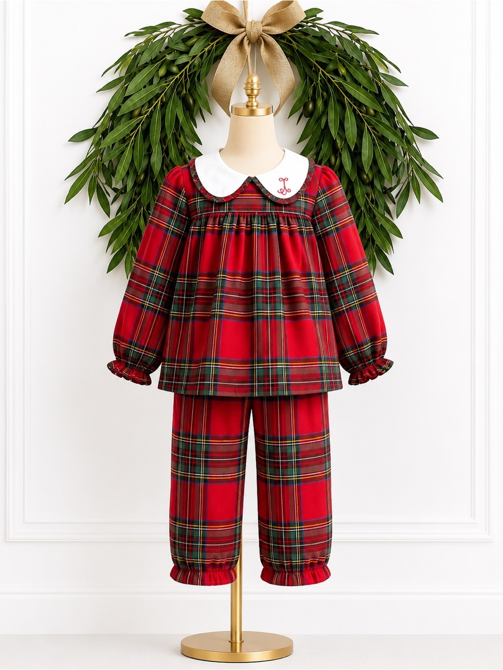 Cecil & Lou Red Holiday Plaid Collared Top & Pants Monogram